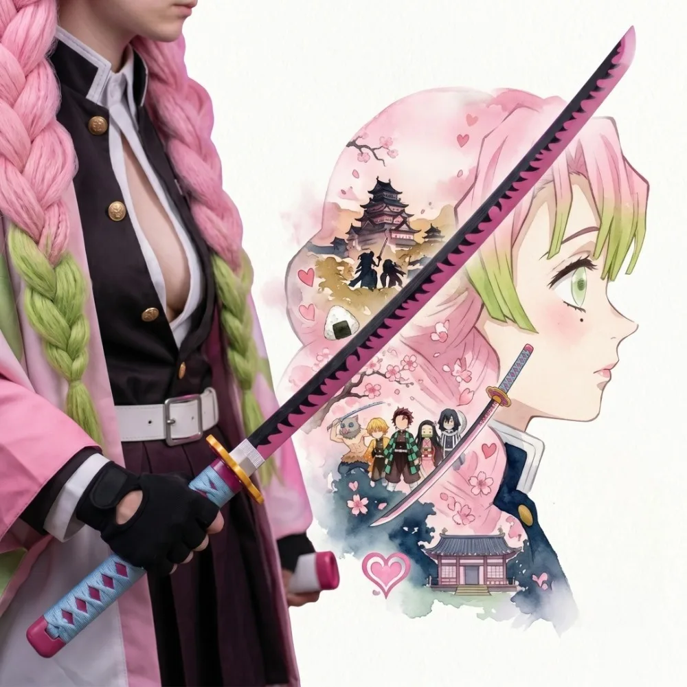 40in Demon Slayer Mitsuri Katana Anime Cosplay Prop Sword Ninja Knife Blade Real Size Japanese 1:1 Scale Bamboo Wood Sabre Gift