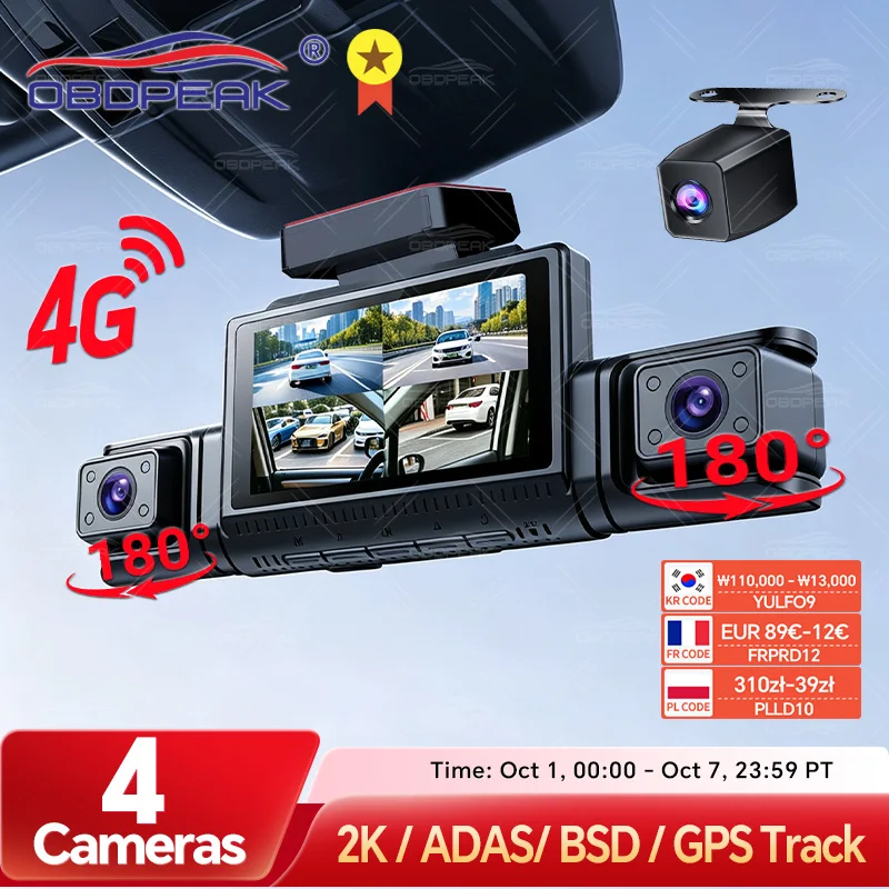 M100 4G LTE 4CH GPS Dash Cam Front 2K+3*1080P Car DVR 360 Camera 24H Parking WiFi ADAS BSD IR Night Vision Video Recorder