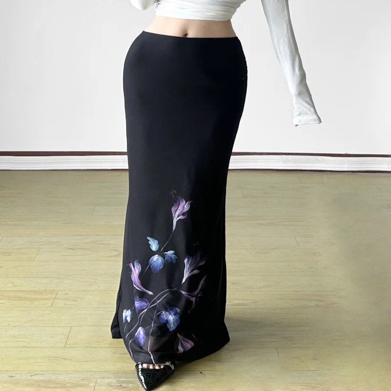 

New 2025 Women's Mid-Waist Slim Fit Floral Print f Skirt Casual Sle Fi Tail Midi Skirt Purple Pltion Design