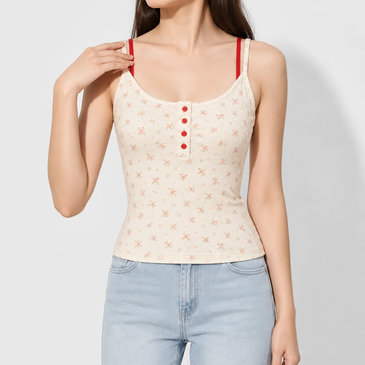Trendy Women's Ditsy Floral Print Camisole with Y‑Back Adjustable Straps and Henley Button Detail Slim Fit Top