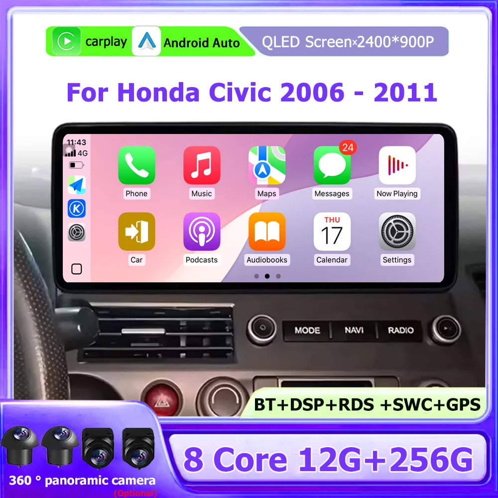 Wireless CarPlay For Honda Civic 2006 - 2011 Android 16 Car Radio Multimedia Video Player GPS Navigation Stereo 360 Camera DSP