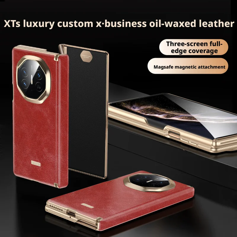 Luxurious Oil Wax Magnetic Case For Huawei Mate XT XTs Ultimate Genuine Leather Axis Dual Hinge All-inclusive Protective Cover