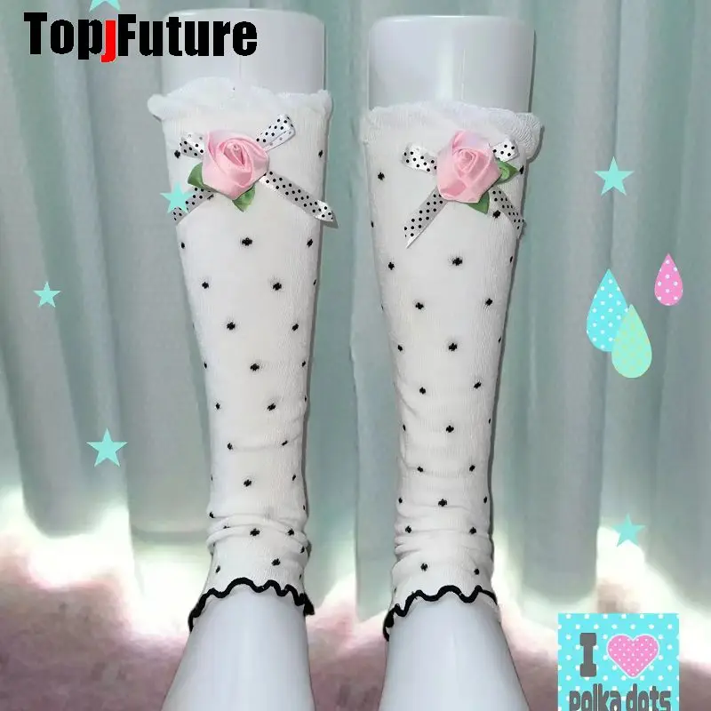 Women Harajuku Y2K Original Handmade Retro Old Fashion Cream Polka Dot Lolita Harajuku Kawaii Footed Slouch Sock Leg Warmers
