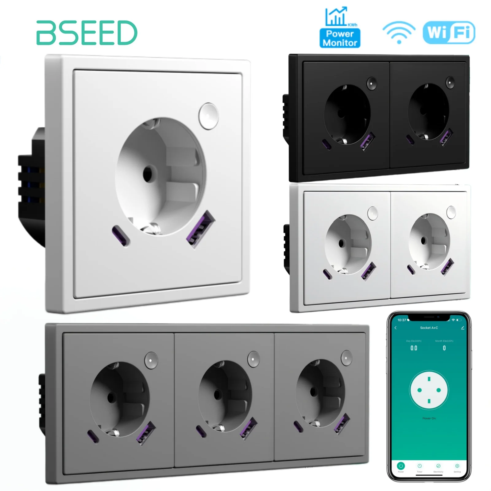BSEED E-Serie WLAN-Wandsteckdose Intelligente Stromüberwachungssteckdose 20W USB Typ-C Ladeanschluss Kunststoffrahmen Tuya Smart Life Steuerung