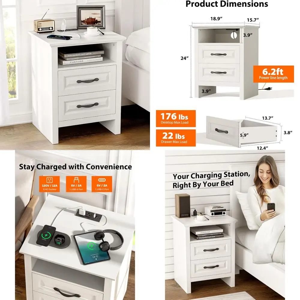 

charging station nightstand with farmhouse style and storage, 2-drawer rustic side table with outlets