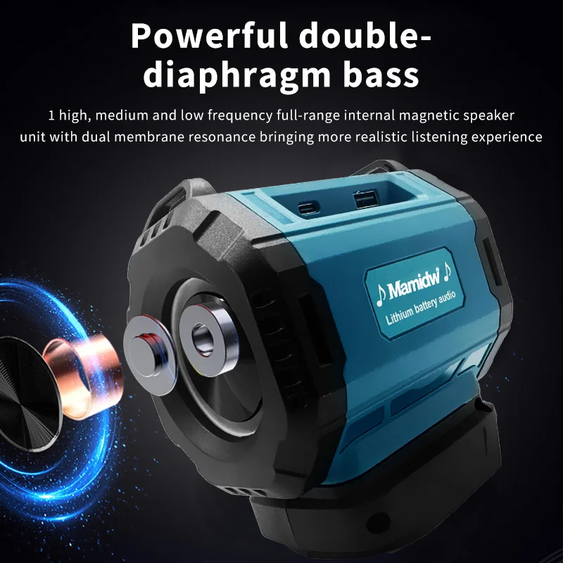 Mamidw مكبر صوت محمول سماعة لاسلكية تعمل بالبلوتوث مضخم صوت خارجي مقاوم للماء مكبر صوت ستيريو محيطي لدبوس بطارية ماكيتا 18 فولت