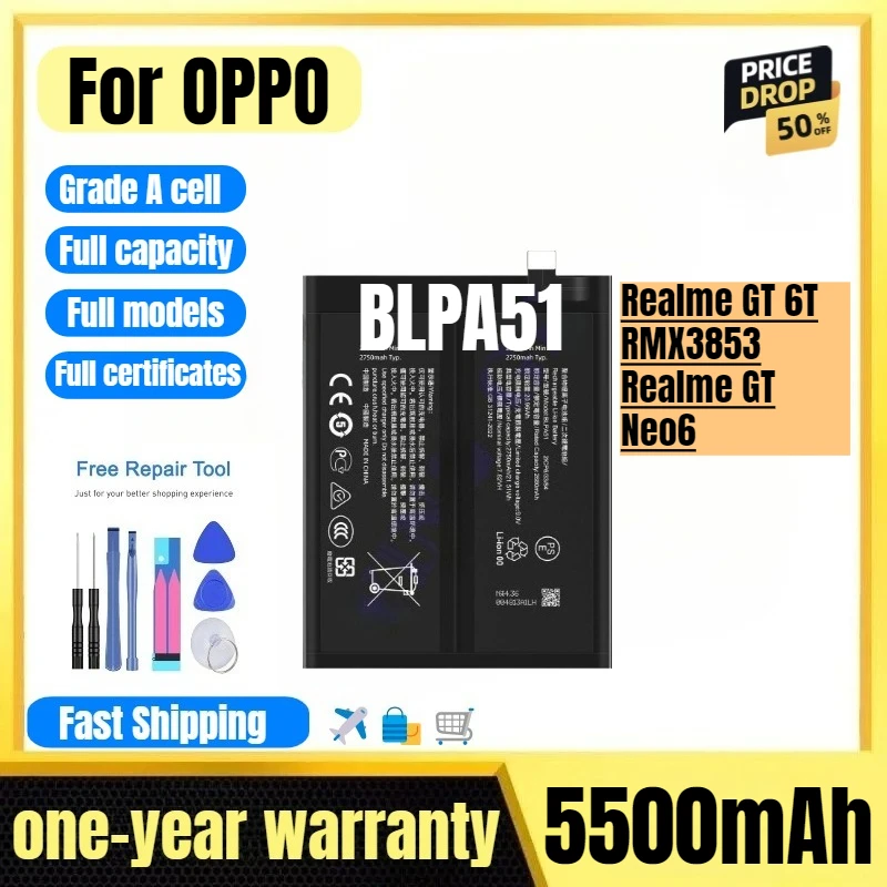 

Аккумулятор BLPA51 для OPPO Realme GT 6T/RMX3853/Realme GT Neo6: высококачественная сменная батарея повышенной емкости с инструментами для замены