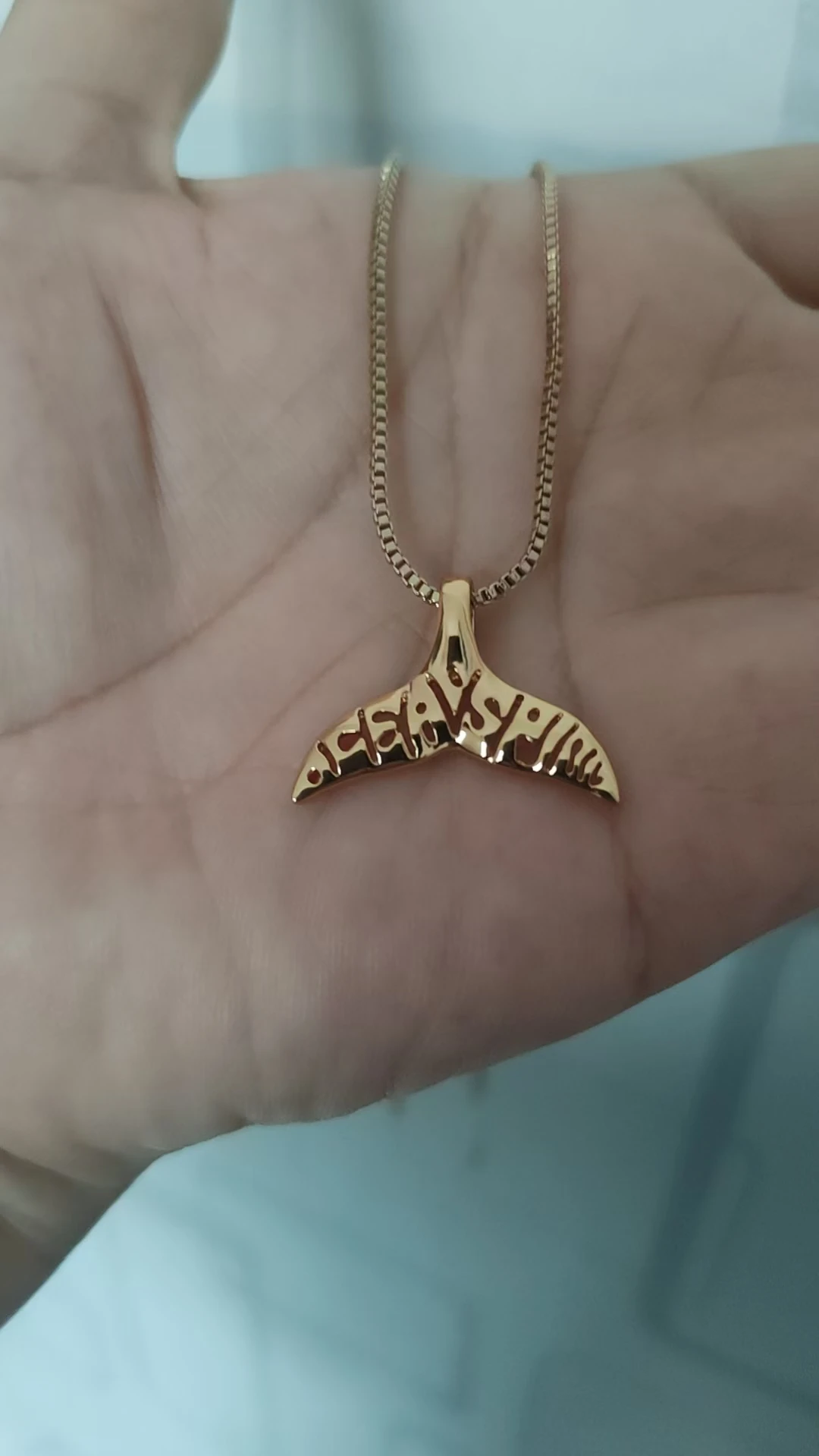 Anqique Silver and Gold Whale Tail Necklace, Openwork Hebrew Engraved Pendant
