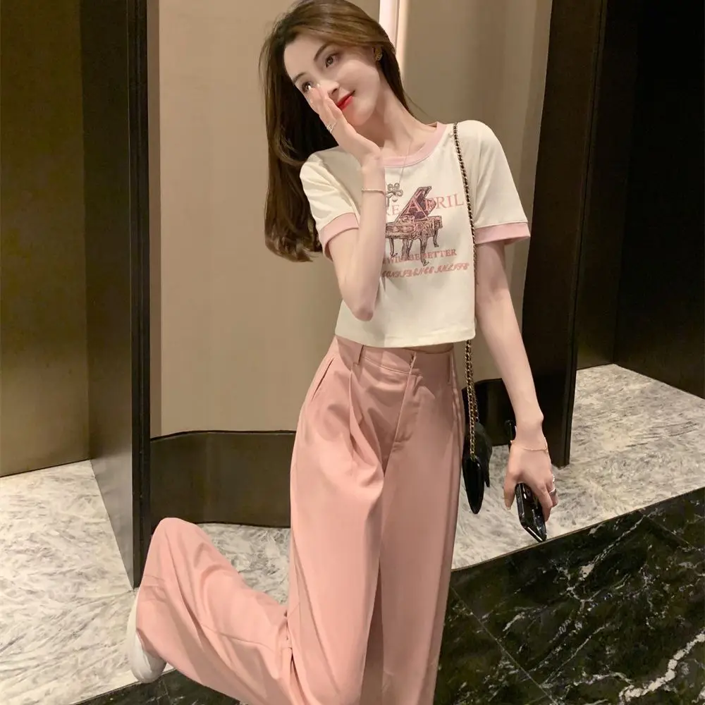 Leisure Fashion Set Women's Summer 2023 New Korean Edition Small Stature Fashion Age Reducing Top Wide Leg Pants Two Piece Set