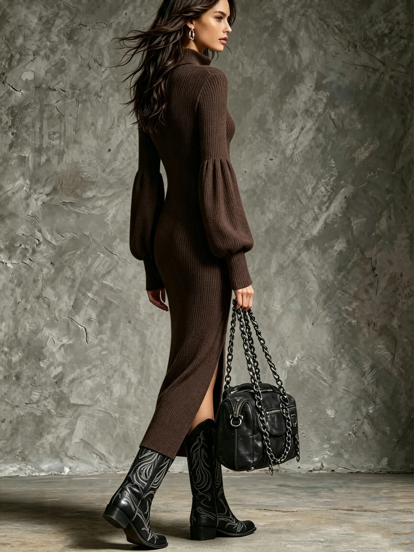 Damen Strickkleid mit halbem Reißverschluss, Stehkragen, geripptem Strickmuster, Puffärmeln, figurbetont, mit Schlitz vorne, schmal geschnitten, elegant, für Herbst und Winter, Party, Club, N – Detail 8