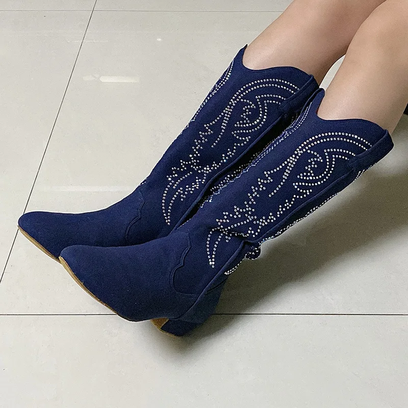 Venuslure Customized Cyrstal Winter Boots Dance Women Suede Black Orange Cowboy Boots for Dancing Soft Sole Long Boots image 5