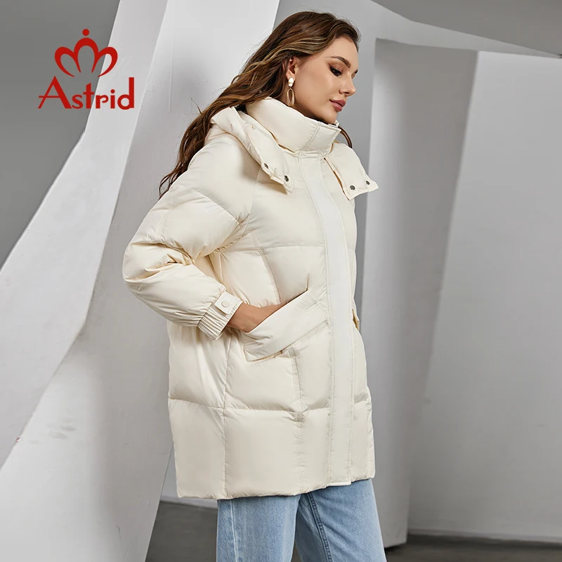 Astrid Women\'s Winter Jacket Hooded Contrast Color Mid-Long Parkas Padding Puffer Quilted Coat Down Jacket Thick Female Clothing