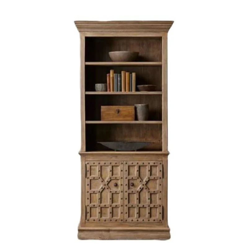 

French retro solid wood oak bookcase American antique multi-layer bookshelf bookcase rivet model with door