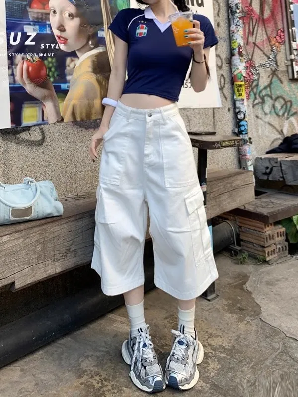 

Белые американские рабочие джинсы с широкими штанинами, женские летние дизайнерские свободные брюки прямого кроя с высокой талией Multi ket