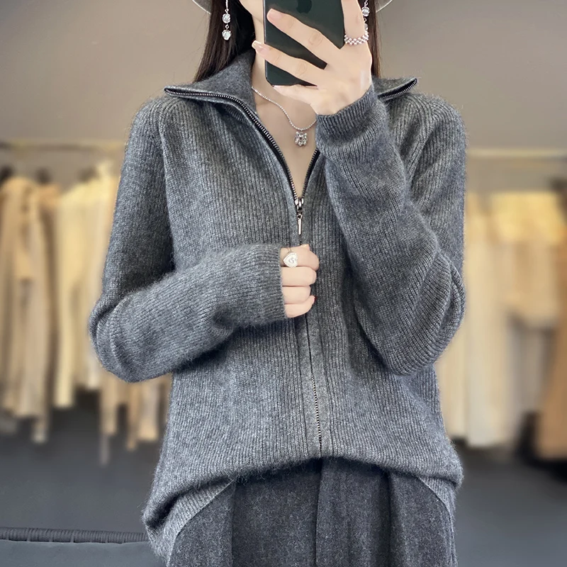 DjzDsm 100% Mink Cashmere Knitted Cardigan Ladies Loose Korean Version Of Women\'s 2024 New Zipper Cardigan Long-Sleeved Sweater