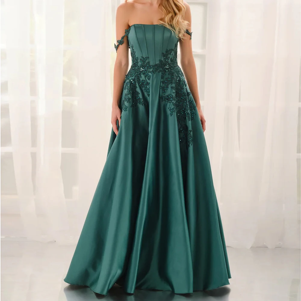 

Customized A-line Evening Dresses Floor-length Off The Shoulder Sleeveless Prom Gown Fashion Flowers Sequined Draped Party Gown