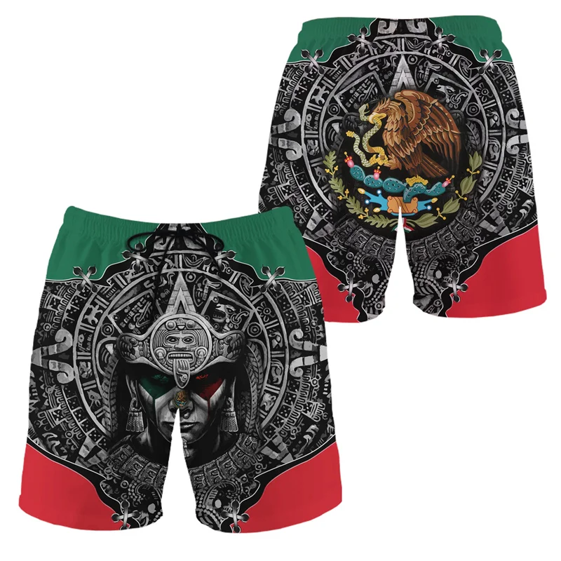 Mexico Flag 3D Printed Aztec Beach Shorts Men Outdoor Sports Surfing Board Shorts Summer Casual Swim Trunks Street Short Pants