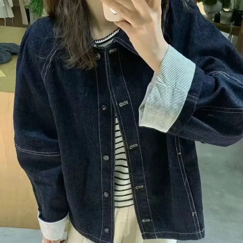 

2026 Retro Patchwork Color Block Jeans Jacket Women's Casual Versatile Autumn New Design Sense Stitching Jacket Top