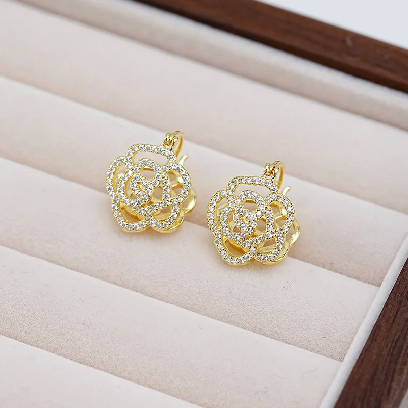 أقراط طارة زهور الورد للنساء ، الذهب ، اللون الفضي ، مشبك أذن من الزركون الأبيض ، مجوهرات نسائية فاخرة ، هدايا حفلات الزفاف