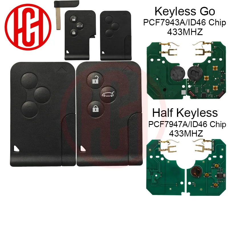 ID46 Keyless Go/Half Keyless 433MHz for Renault Card Renault Megane II Card Scenic II Grand Scenic PCF7943A/7947A 3Buttons