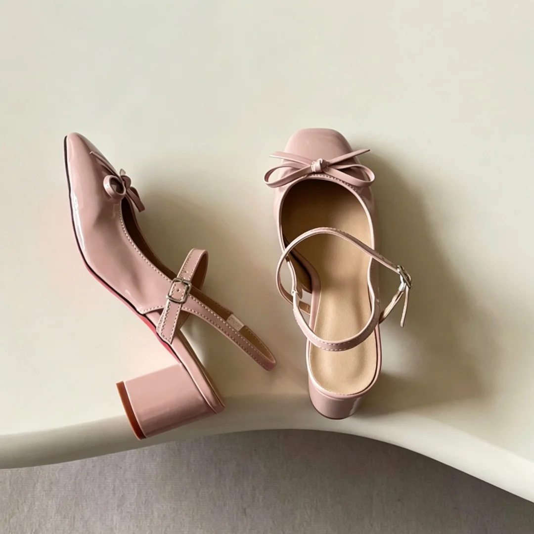 Ladies Square Toe Bow Slingback Block Heels Patent Leather Wedding Party Dress Mary Jane Pumps Luxury Brand Women's Shoes