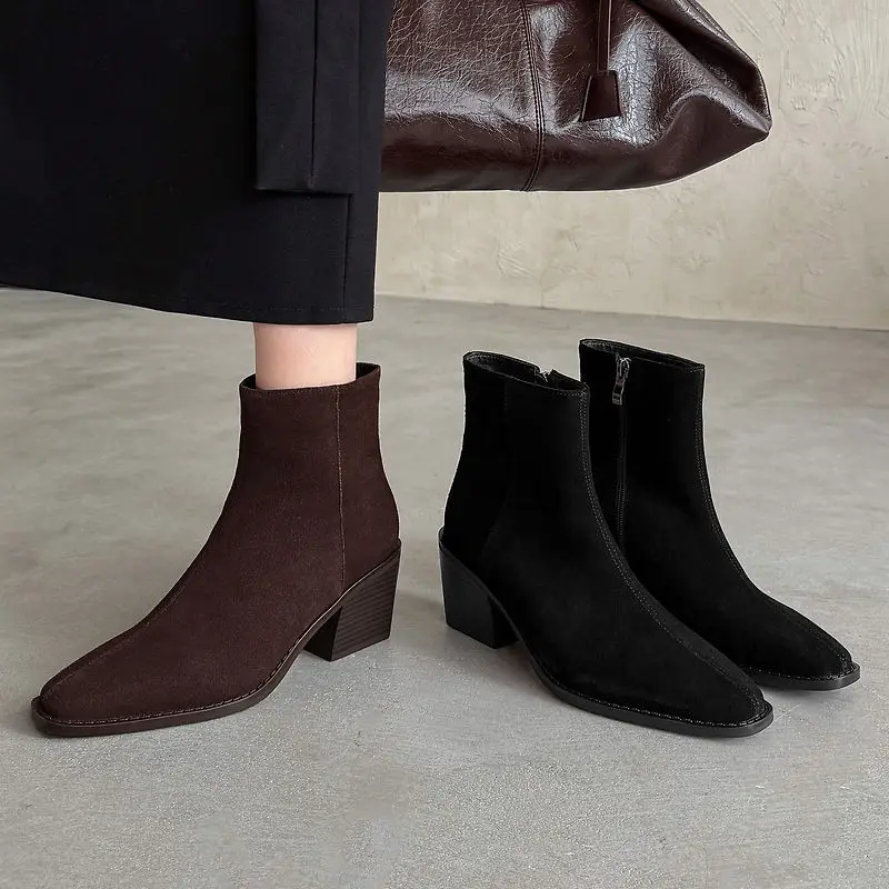 2026 new autumn winter women ankle boots natural leather 22-25cm cow suede+pigskin/plush side zip high heel women short boots