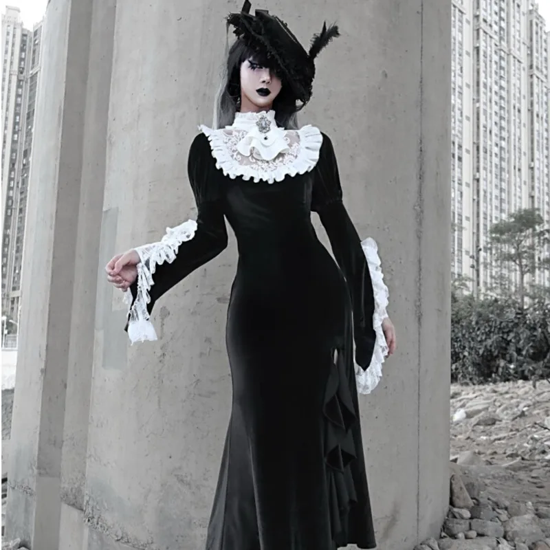 

Gothic Medieval Victorian Style For Halloween Party Vampire Nun Costume Classic Cosplay Velvet Long Fishtail Dress Lolita Dress