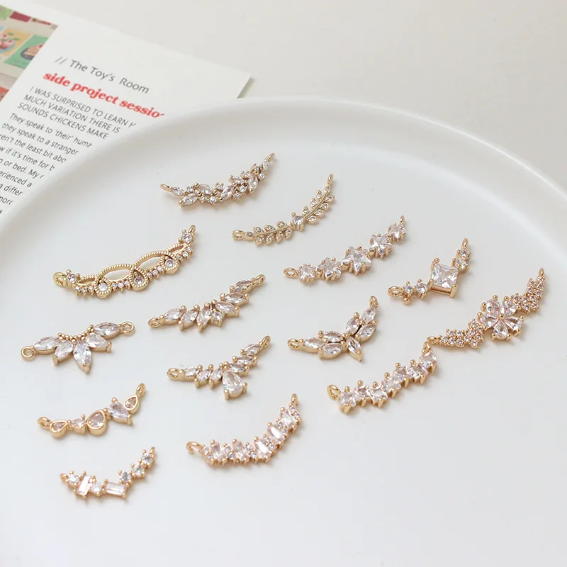 20pcs/ Bag  High Quality 14k Gold Brass Pendant Curved Zircon Leaf Charms for Bracelet Necklace Making