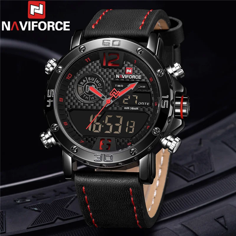 NAVIFORCE Top Brand Luxury Men Watch Quartz Digital Male Clock Military Sport Genuine Leather Waterproof Man Wristwatch 9134