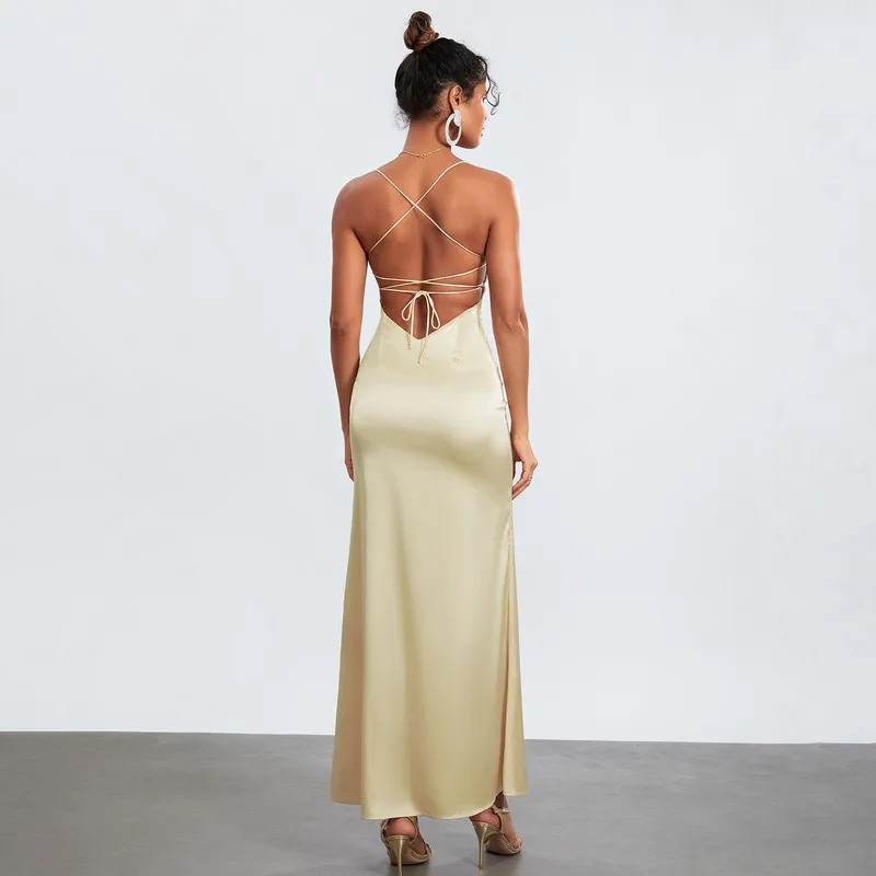 Women Long Slip Dress Evening Party Summer Clothes Chic and Elegant Solid Color Sleeveless Low Cut Backless Slim Dress