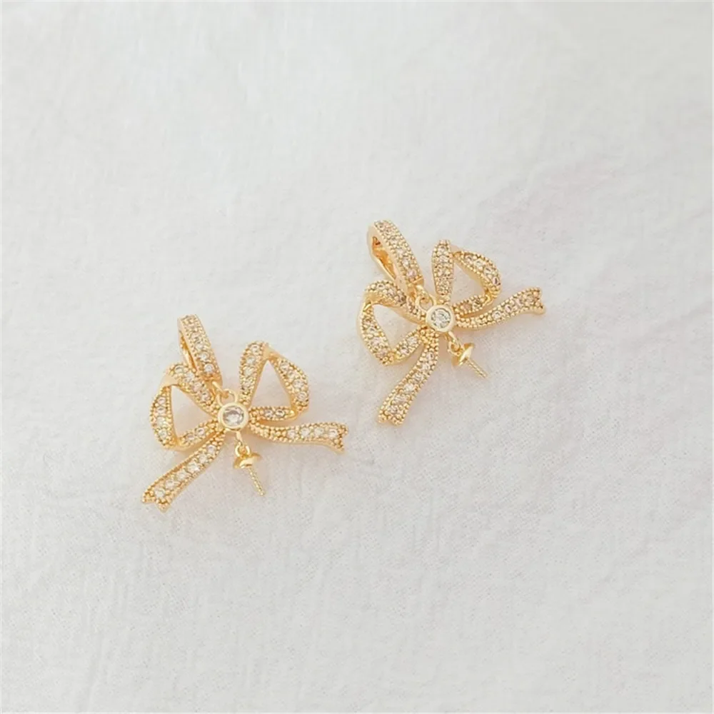 

14K Gold-plated and Zirconium-inlaid Universal Buckle Light Luxury Bow Pendant, DIY Hand-held Pearl Empty Support Pendant