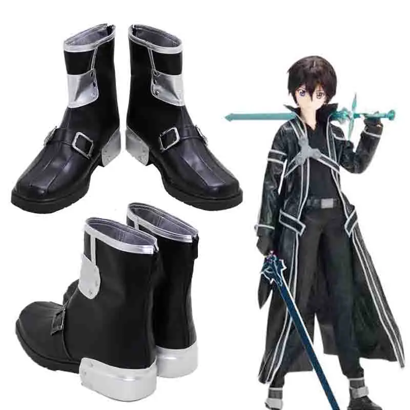 อะนิเมะดาบศิลปะออนไลน์ Cosplay รองเท้า Kirigaya Kazuto คอสเพลย์รองเท้าบู๊ทแฟชั่นสีดำ PU São ผู้ชาย Kirigaya Kazuto Kirito คอสเพลย์