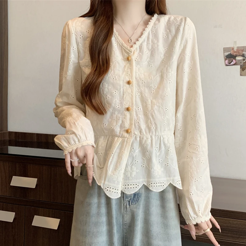 Style baby elegant French V neck punching blouse women big size long sleeve shirt fashion Daily BL1656