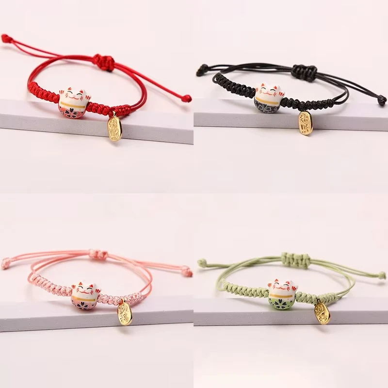 Ceramic Lucky Cat Braided Bracelet for Women Cute Animal Kitten Hand-woven Adjustable Bangles Party Harajuku Jewelry Gift