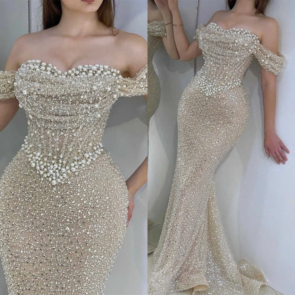 

Customized Luxury Crystal Mermaid Evening Dress Exquisite Pearls Prom Dresses High Quality Sweep Train Special Occasion Gowns