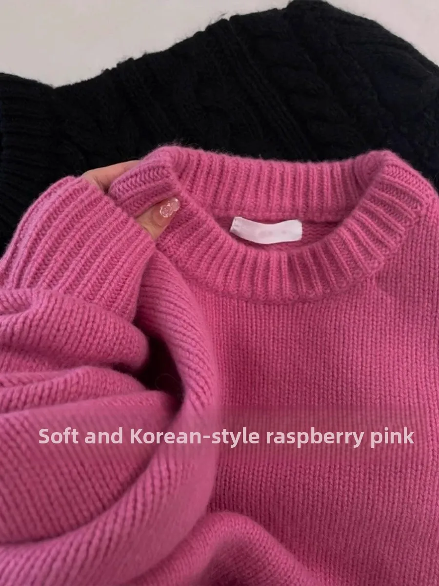 

Розовый вязаный свитер с круглым вырезом для женщин, элегантный, подчеркивающий фигуру, осенне-зимний, модный, в корейском стиле, с длинными рукавами