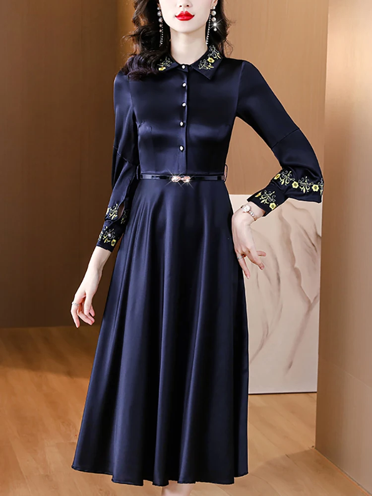 Vestido largo de satén de seda con bordado de lujo para mujer, vestido coreano Vintage Hepburn, vestido elegante de vendaje ajustado para graduación, otoño e invierno, 2024