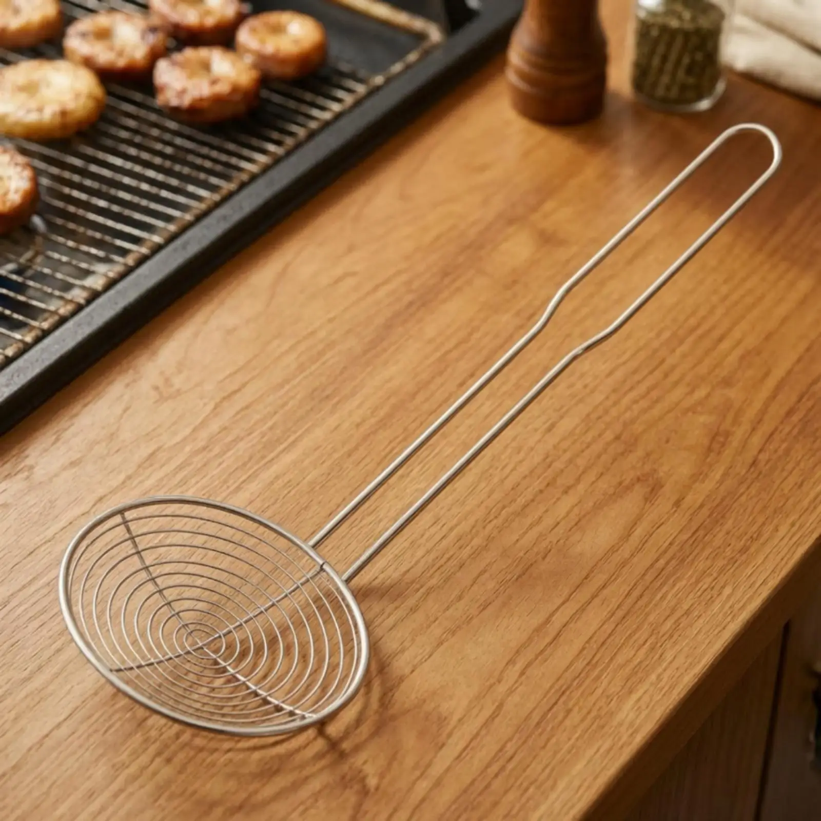 Kitchen Cooking Tools Iron Strainer Spoon with Open Wire Basket and Long Handle for Skimming Frying Oil Draining Soup