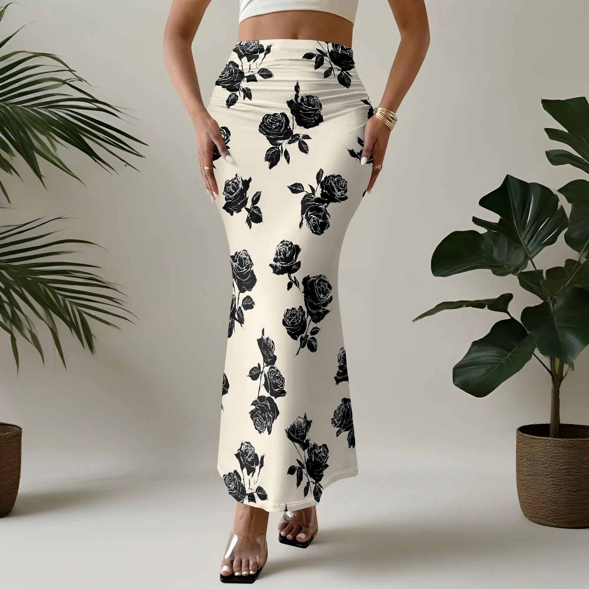 Black Rose Print Mermaid Skirt, Floral Ruched Midi Skirt, High Waist Bodycon Skirt for Women, S-2XL
