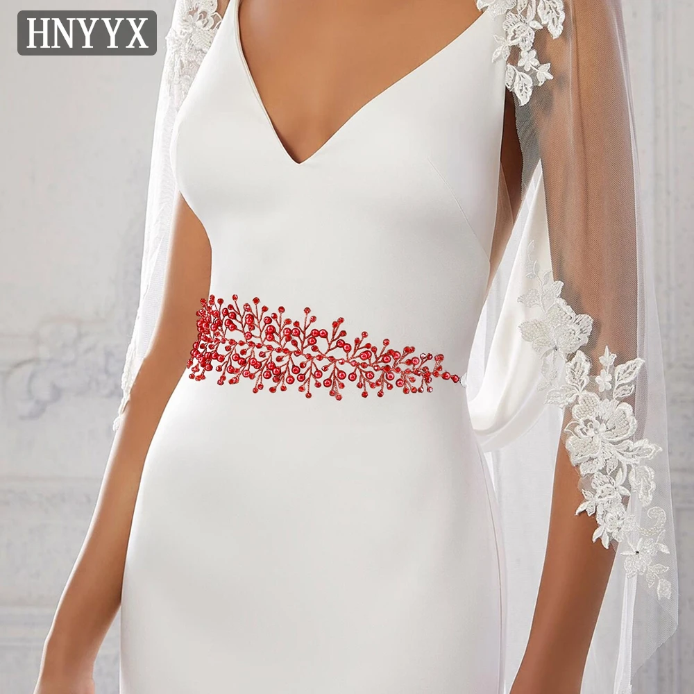 HNYYX Luxury Pearl Bridal Belt Red Crystal Fashion Belt Wedding Bridesmaid Sash Bridal Dress Waist Decoration SA261