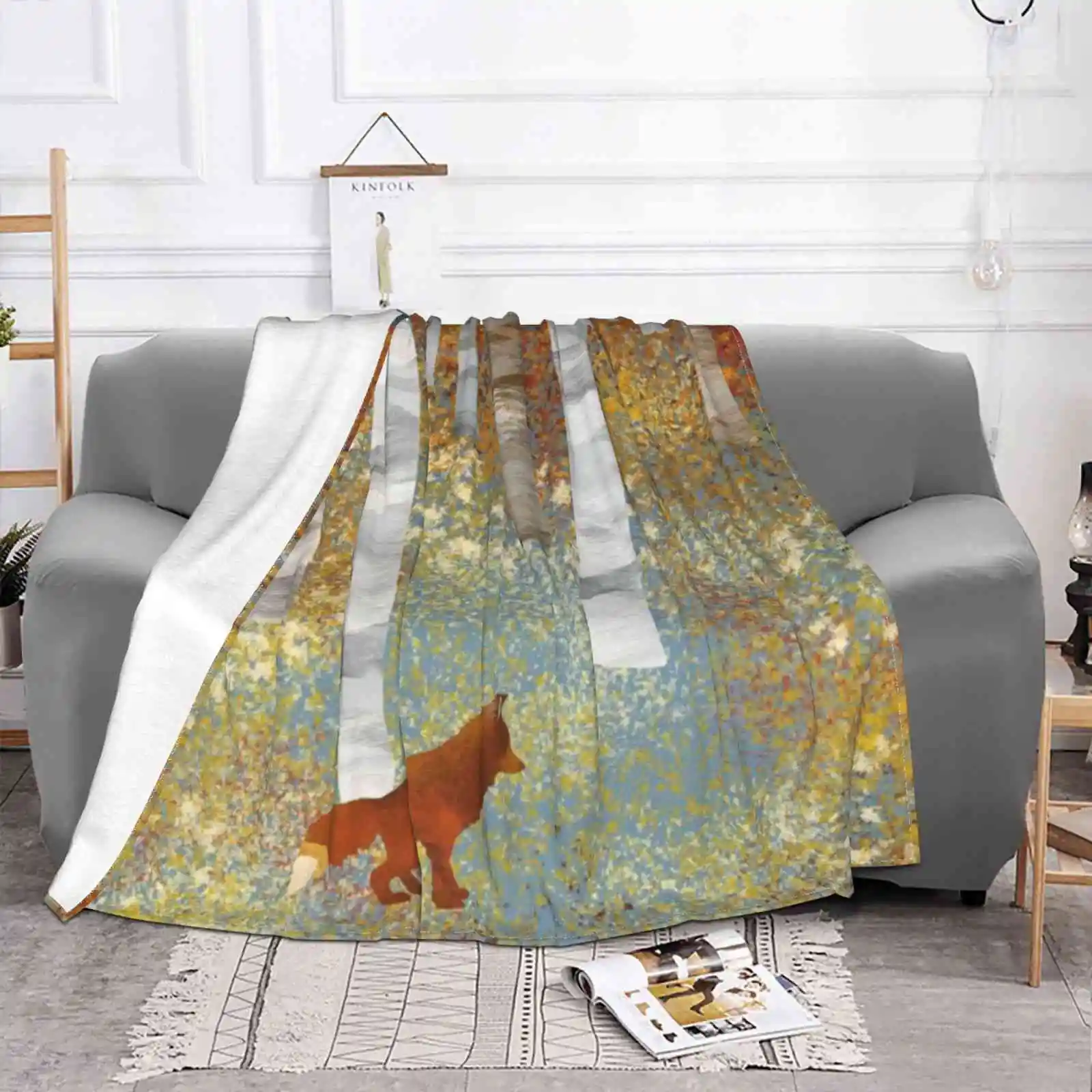 Autumn Fox Best Selling Room Household Flannel Blanket Autumn Fall Season Animal Mammal Forest Landscape Hills Leaves Red