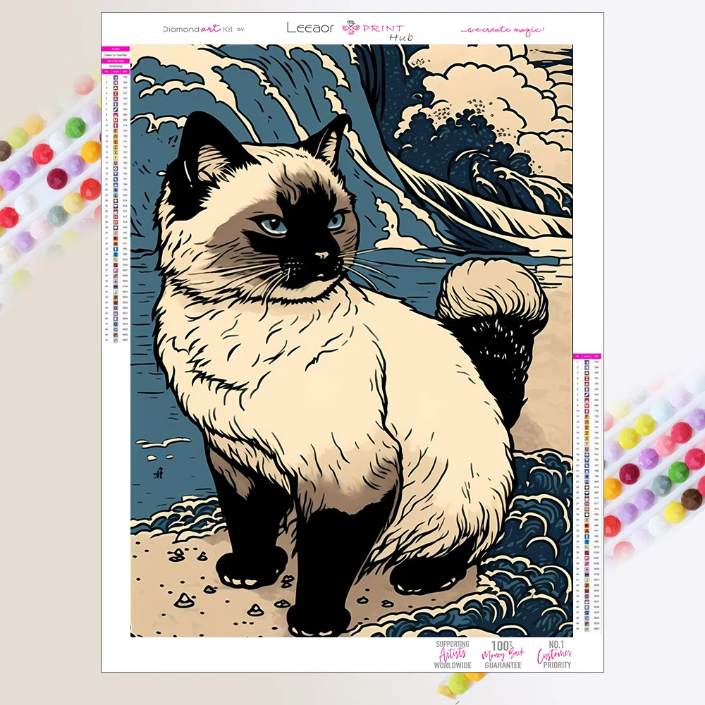 5D DIY Diamond Painting Cat Ukiyoe Anime Full Round Diamond Mosaic Embroidery Cross Stitch Kit Living Home Decor Gift Art Wall