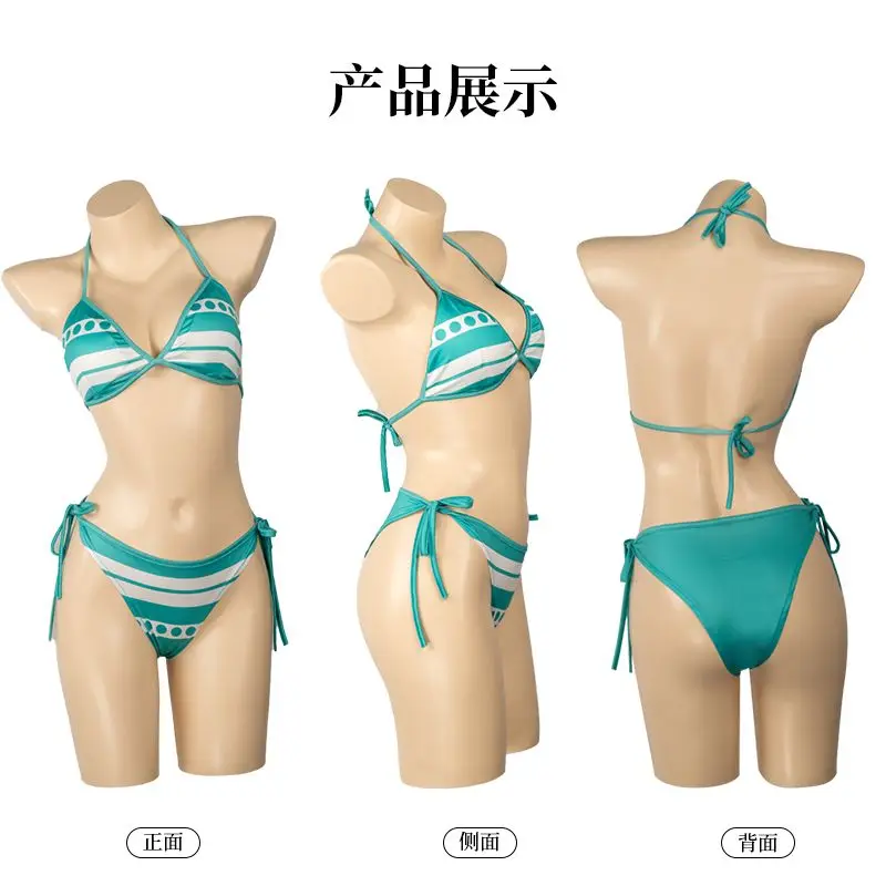 One Piece Cosplay Costume: Zoro-style Nami Yukata, Green and White Striped Sexy and Cute Bikini Swimsuit view 2