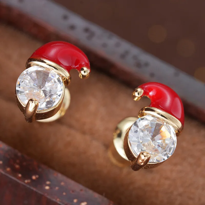 

Oil painted Christmas hat earrings with zircon inlay for women, fashionable and luxurious accessories