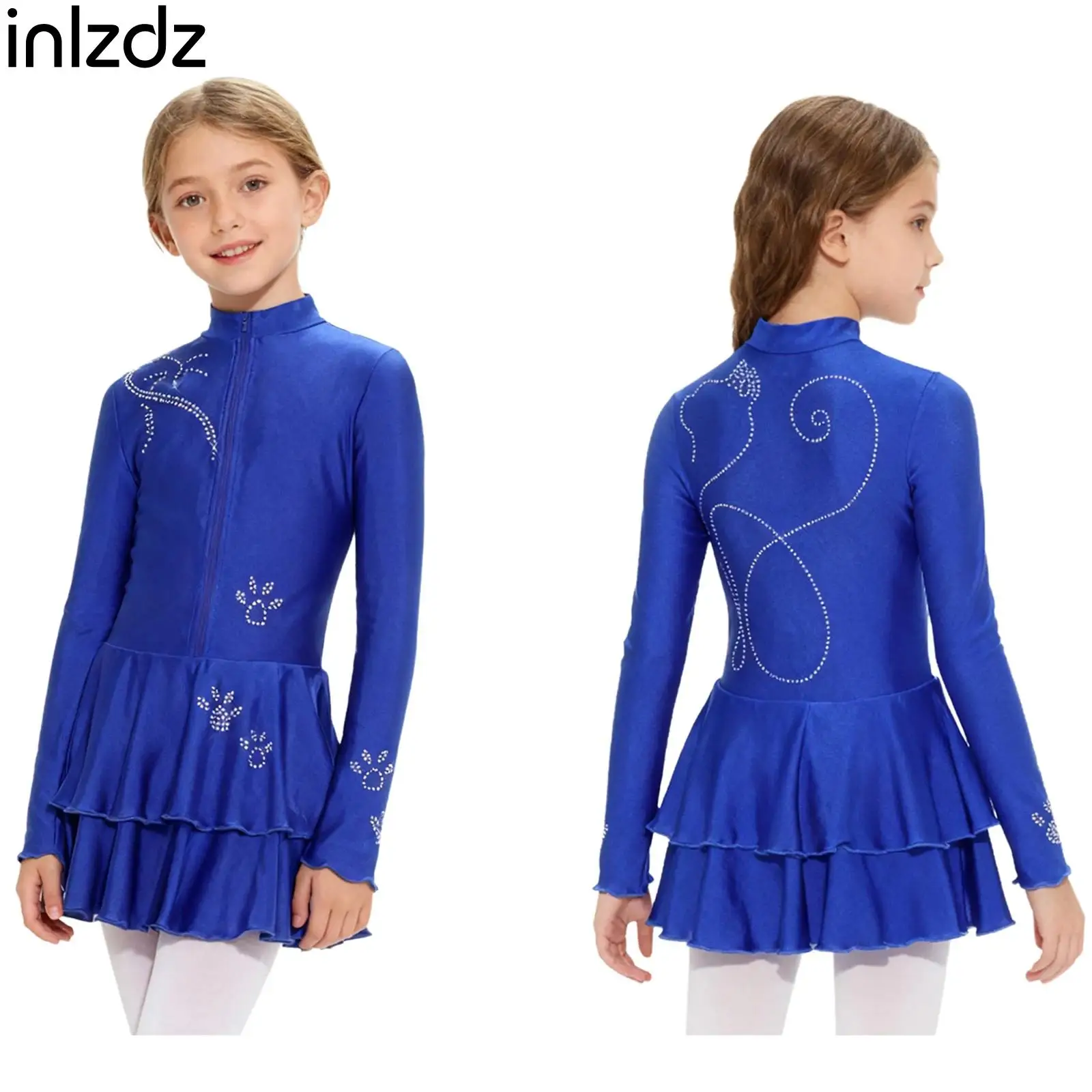

Kids Rhythmic Gymnastics Figure Ice Skating Leotard Dress Girls Rhinestones Long Sleeve Front Zip Dress for Stage Performance