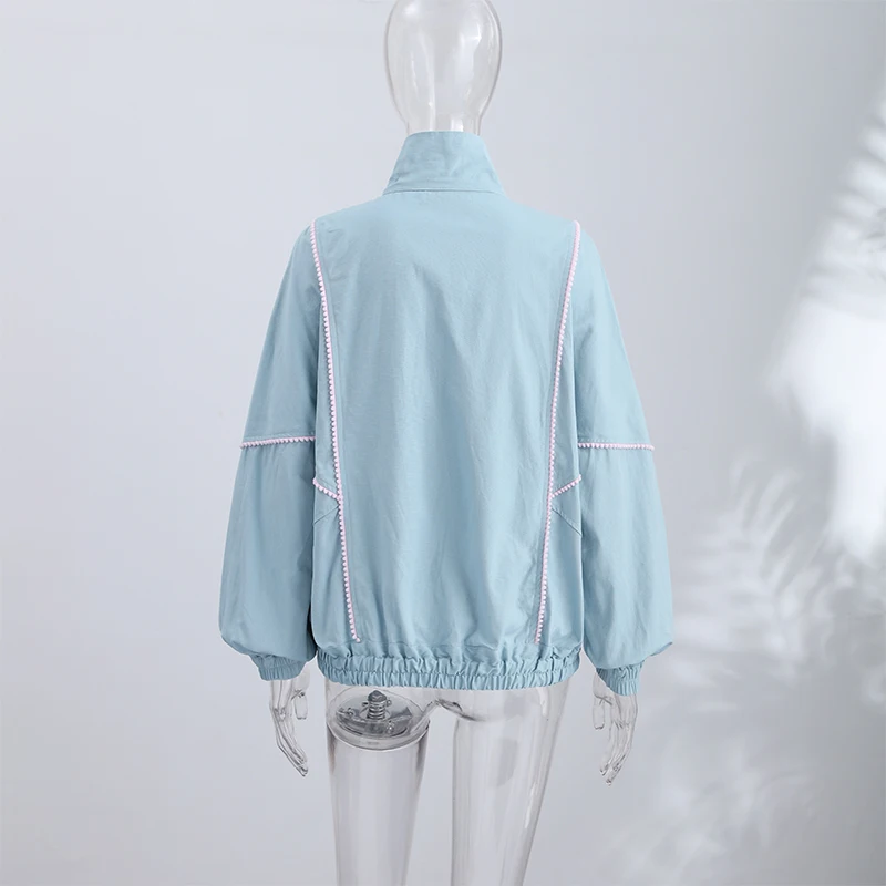 Y2K Damenjacken Mantel mit Streifenbesatz Stehkragen Reißverschluss Oversize Windbreaker Locker Sitzende Streetwear Sportjacke Oberbekleidung Outfit – Detail 5