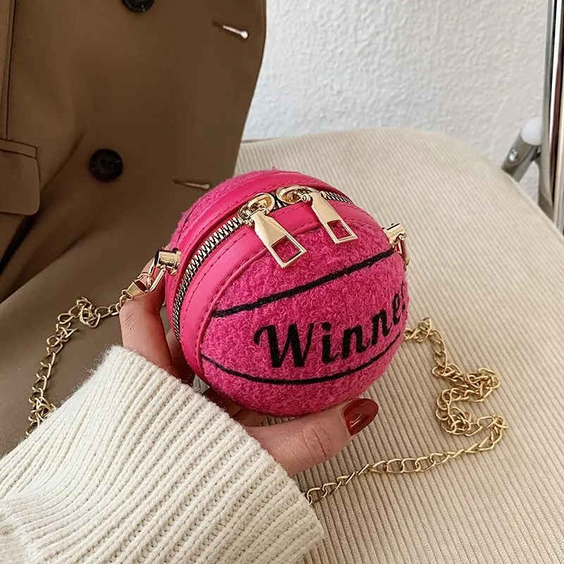 Winner Letter Print Basketball Shaped Mini Crossbody Bag, Fluffy Round Chain Purse For Women