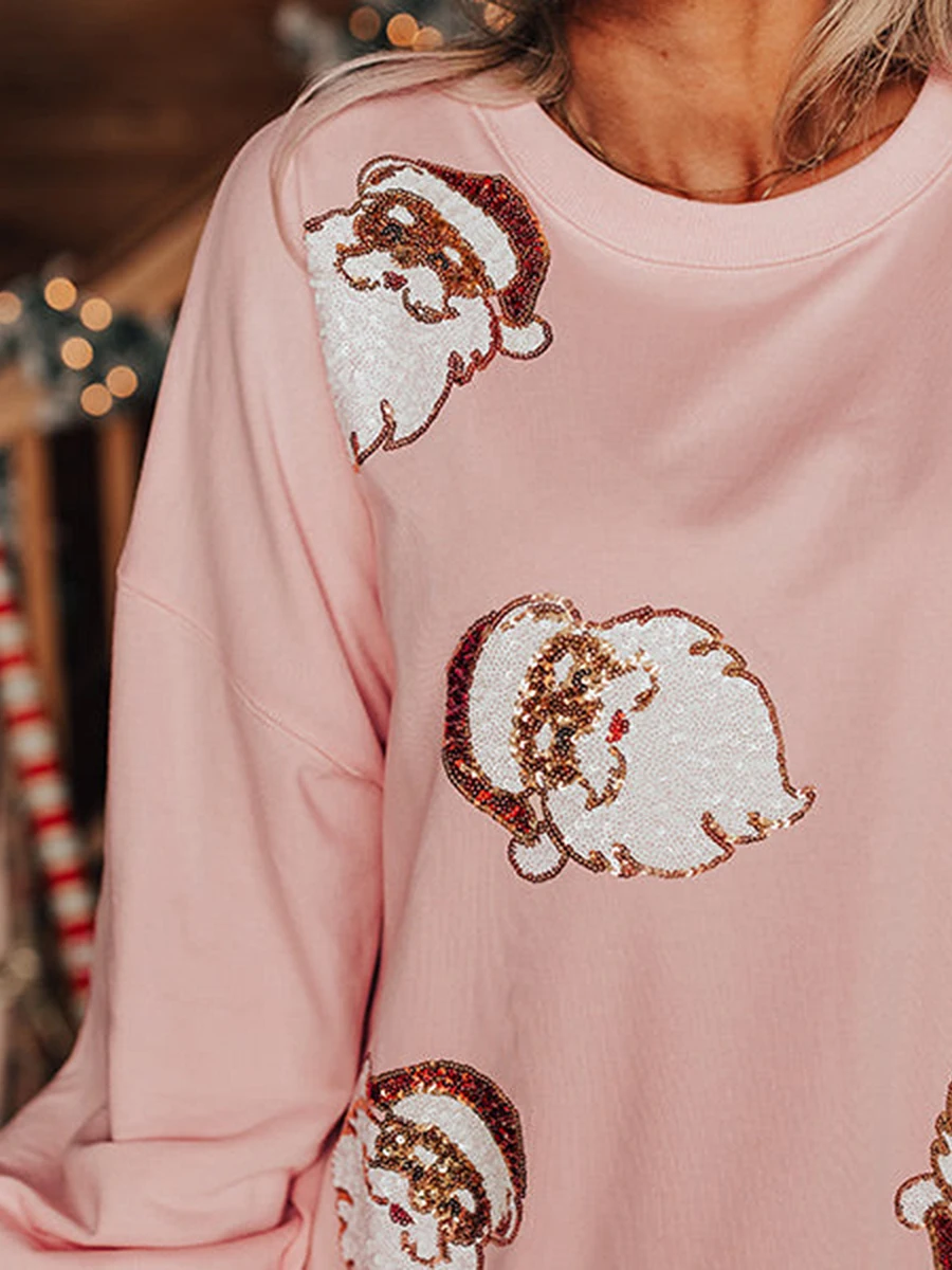 Women s Christmas Sweater Sequin Reindeer V-Neck Long Sleeve Pullover Jumper Casual Winter Knitwear Festive Top Streetwear