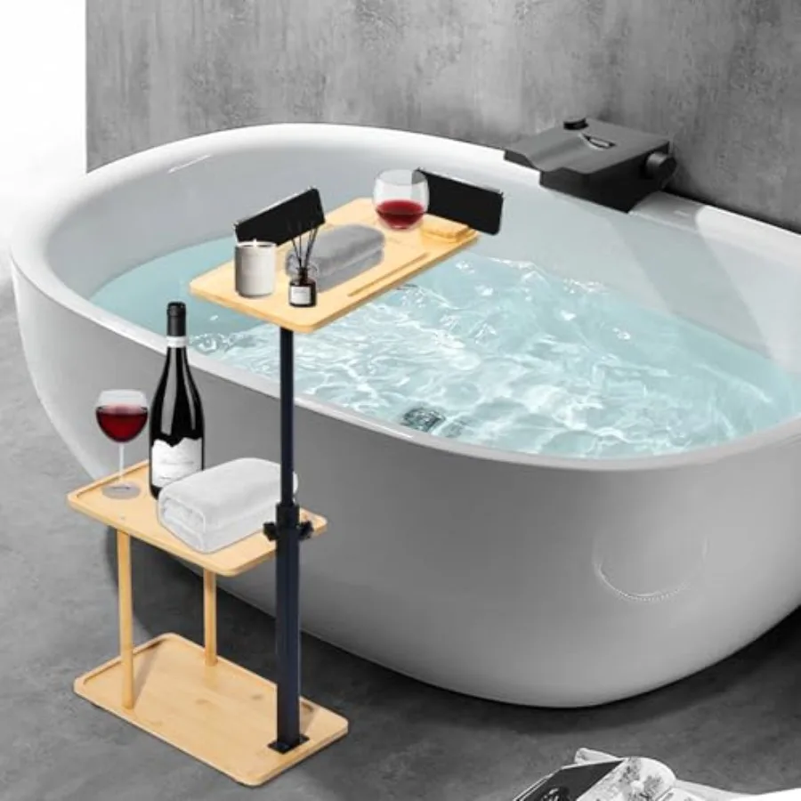 

3 Layer Bath Tub Tray Table Liftable Freestanding Bamboo Bath Tray Caddy for Tub Against Wall Shelf Bathroom Organizer Shelf fo