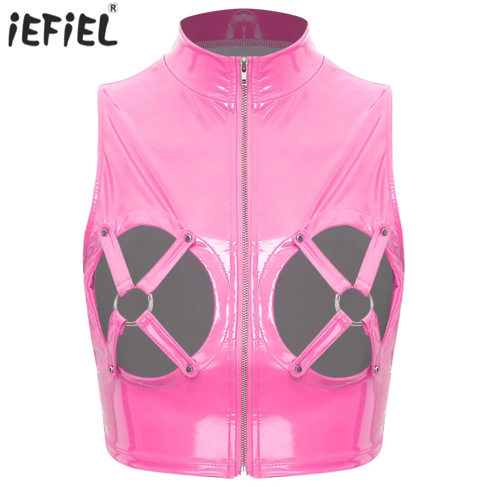 

Женский ажурный уплотнительное кольцо, горячая сексуальная майка на молнии, латексный укороченный топ, лакированное кожаное нижнее белье с открытой грудью, латексные топы, одежда для ночного клуба